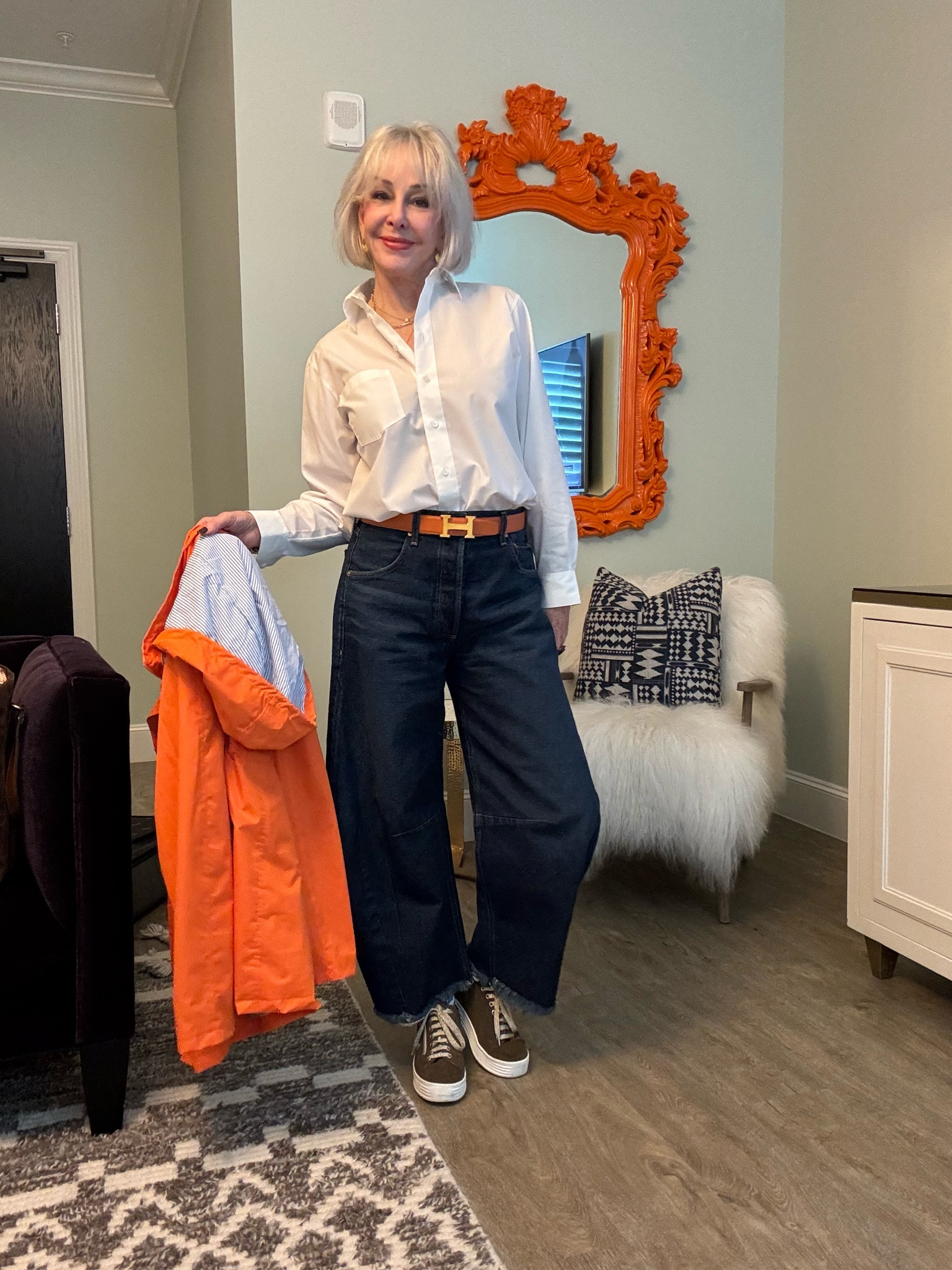 Foxcroft classic fit white shirt 
Barrel jeans by AG
Sole Bliss sneakers
Orange anorak rain resistant jacket 
Travel style 

#LTKOver40 #LTKFindsUnder50 #LTKTravel