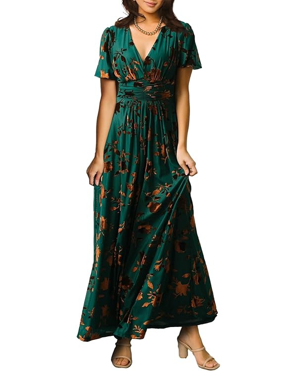 Simplee Women’s V Neck Velvet Maxi Dress Short Sleeve Empire Waist Long Formal Dress for Weddin... | Amazon (US)