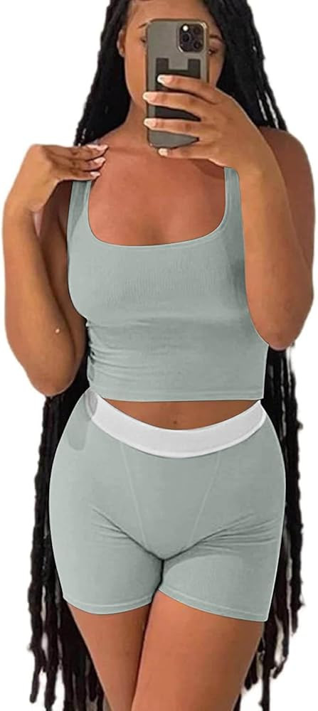 ZFLM Casual Workout Sets Two Piece Outfits for Women Ribbed Crop Tank Top High Waist Yoga Legging... | Amazon (US)