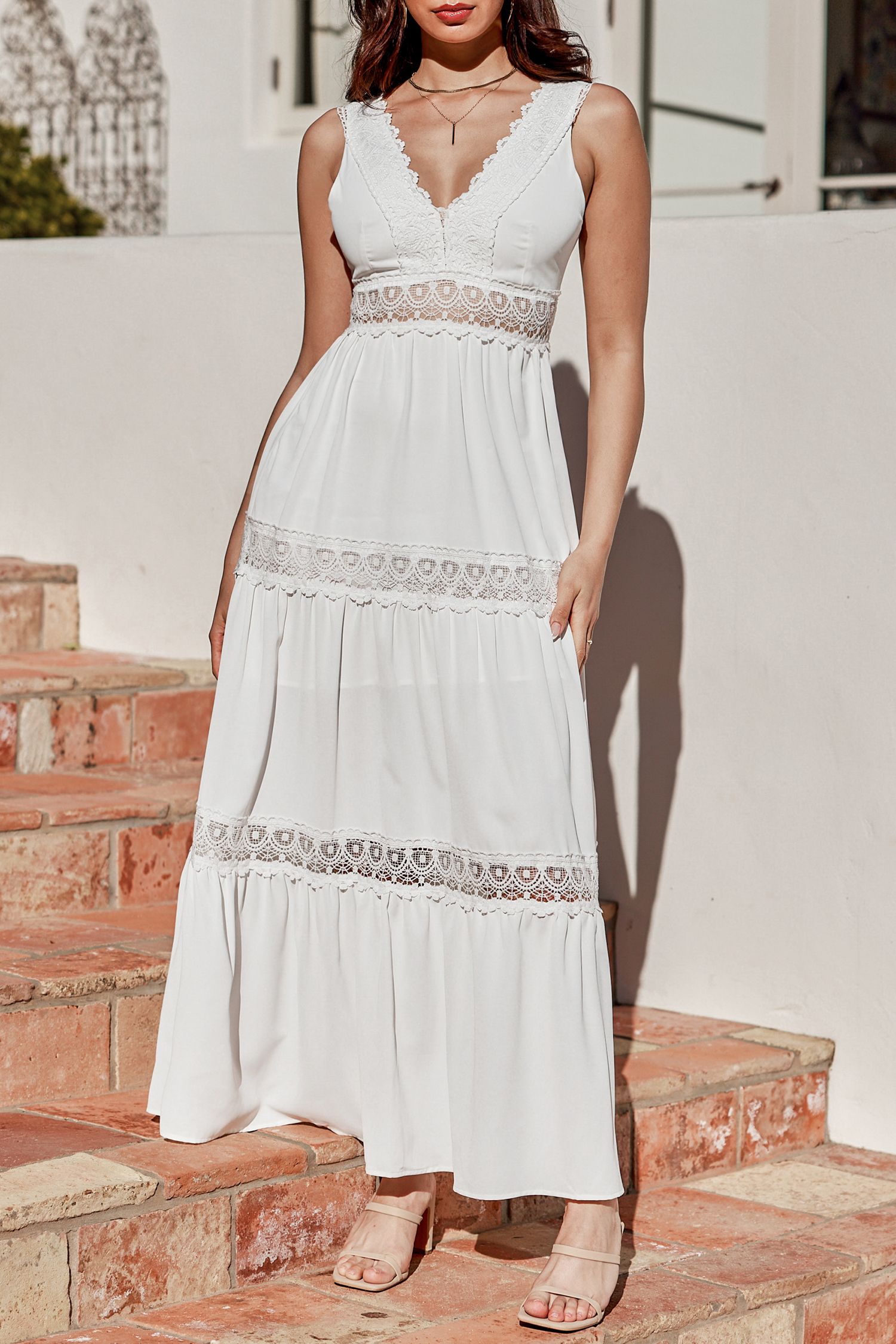 White Canvas Lace Trim V-Neck Maxi Dress | Cupshe US