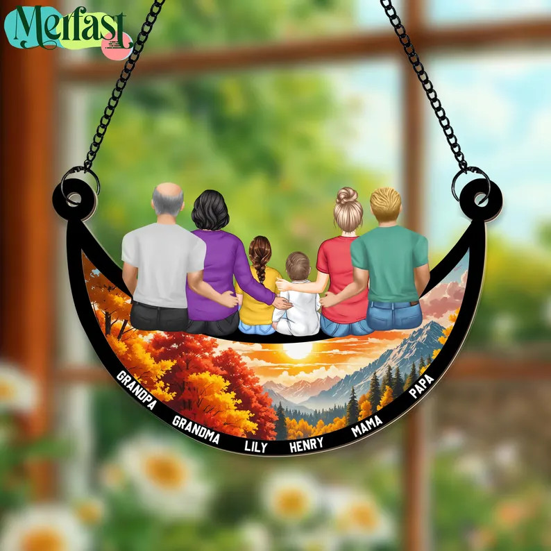 Custom Family Name Suncatcher Ornament, Family Sitting on the Moon Suncatcher, Window Hanging Dec... | Etsy (US)