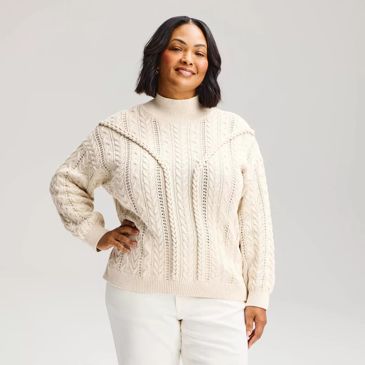 Women's Relaxed Cable Turtleneck Pullover Sweater - Universal Thread\u2122 Cream XXL | Target