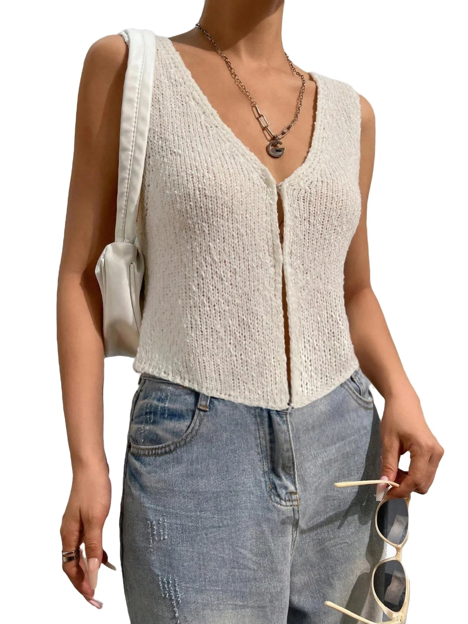 Casual Plain V neck Sleeveless Beige Women Knit Tops (Women's) | Walmart (US)