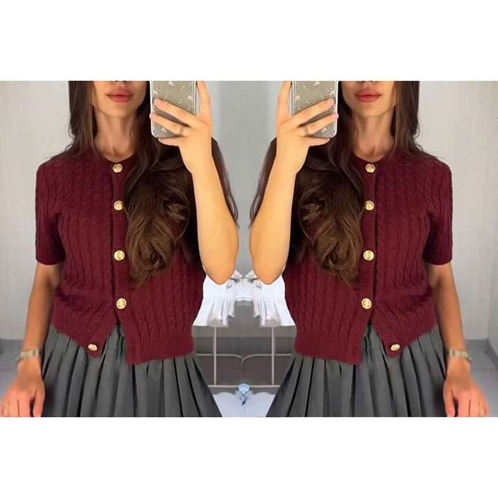 Women's Cable Knit Cardigan Solid Color Round Neck Short Sleeve Button-Front Closure Crop Sweater... | SHEIN