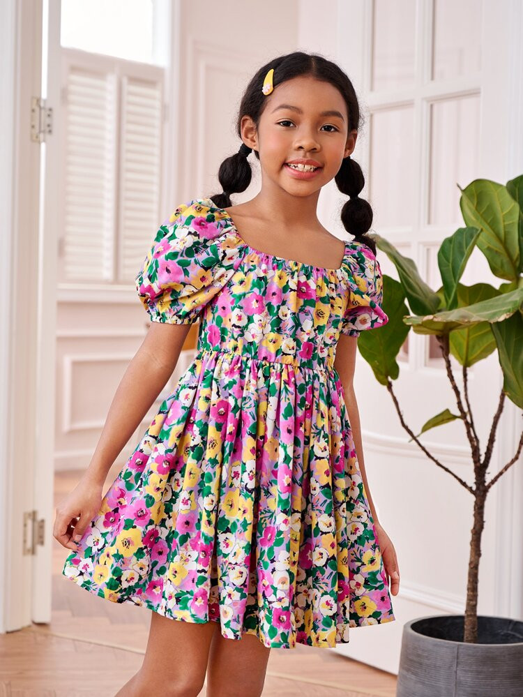 SHEIN Girls Allover Floral Print Puff Sleeve Dress | SHEIN