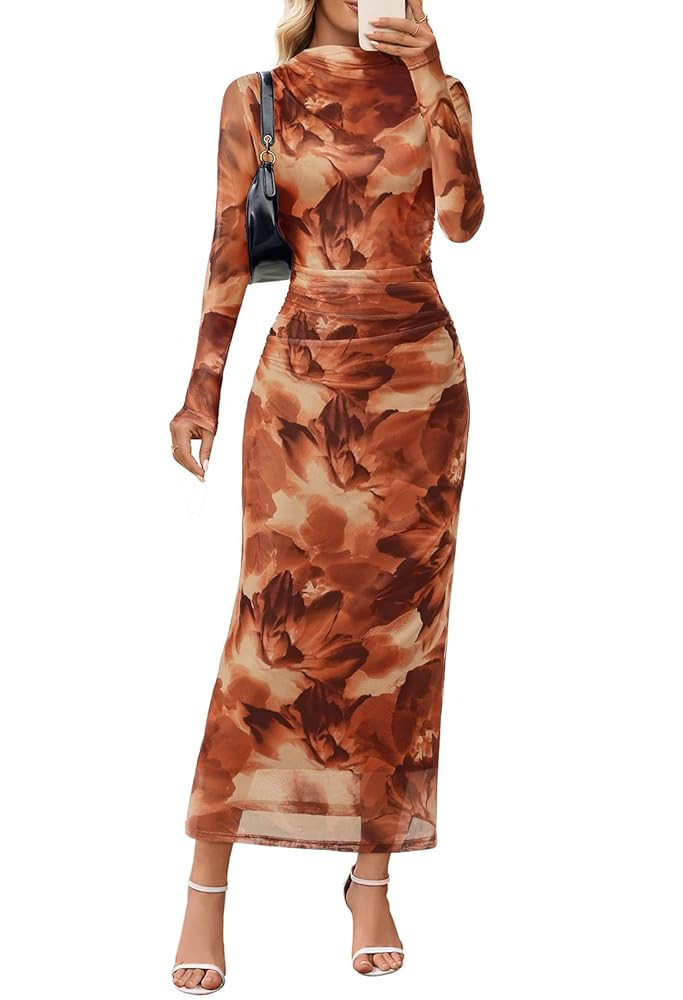 MEROKEETY Women's Long Sleeve Fall Wedding Guest Dress 2025 Bodycon Floral Mesh Ruched Cocktail M... | Amazon (US)