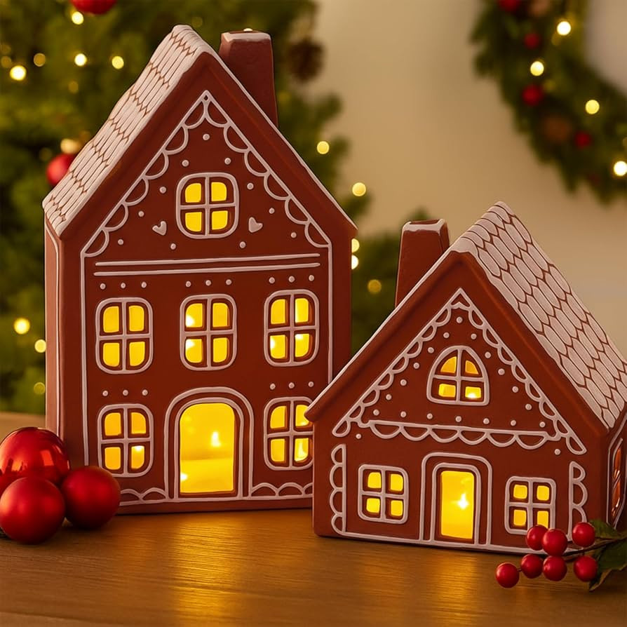 2 Sets Lighted Ceramic Iced Gingerbread Houses Christmas Decorations Indoor Pre Lit LED Gingerbre... | Amazon (US)
