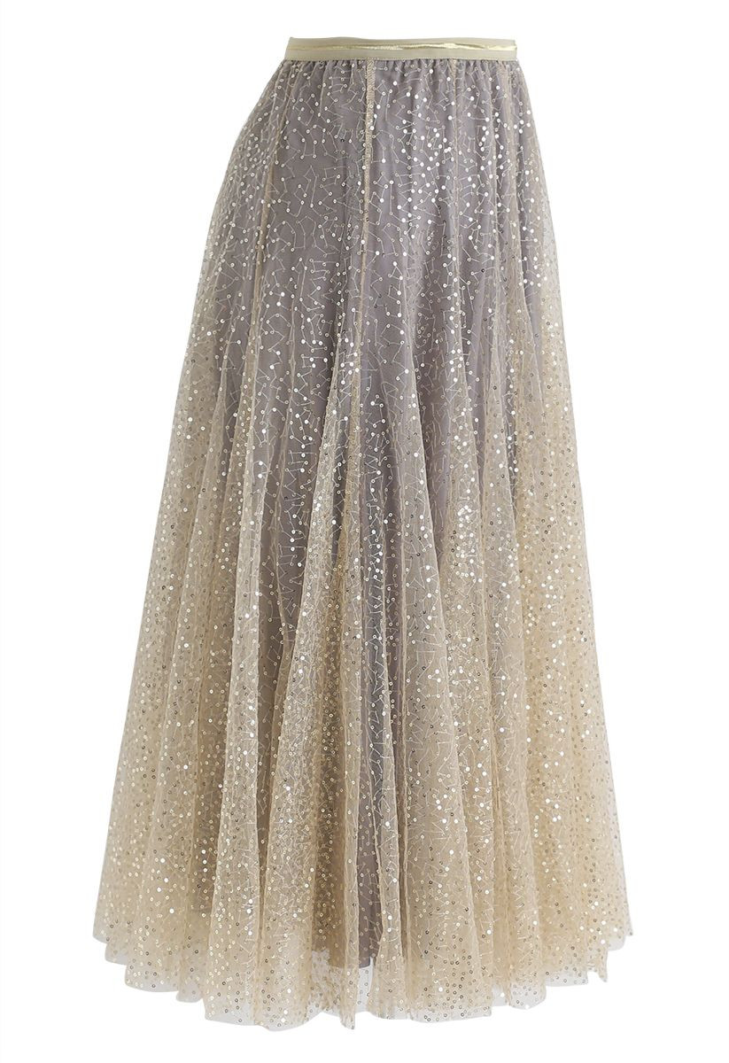 Shimmer Sequins Embroidered Mesh Tulle Pleated Skirt | Chicwish