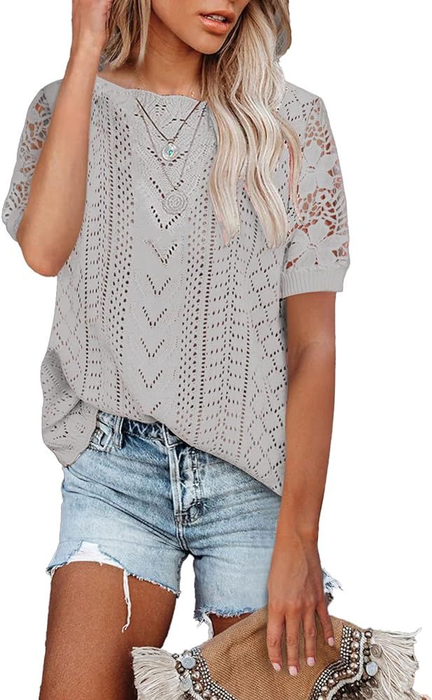 Womens Short Sleeve Lace Crochet Sweaters Knit Pullover Tops | Amazon (US)