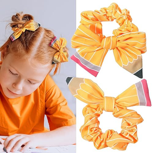 2Pcs Big Back to School Scrunchies Yellow Pencil Bow Scrunchies Cute Pencil Hair Ties Teen Toddler Elastic Ponytail Holder Fashion Teacher Hair Accessories for First Day of School Gifts for Women | Amazon (US)