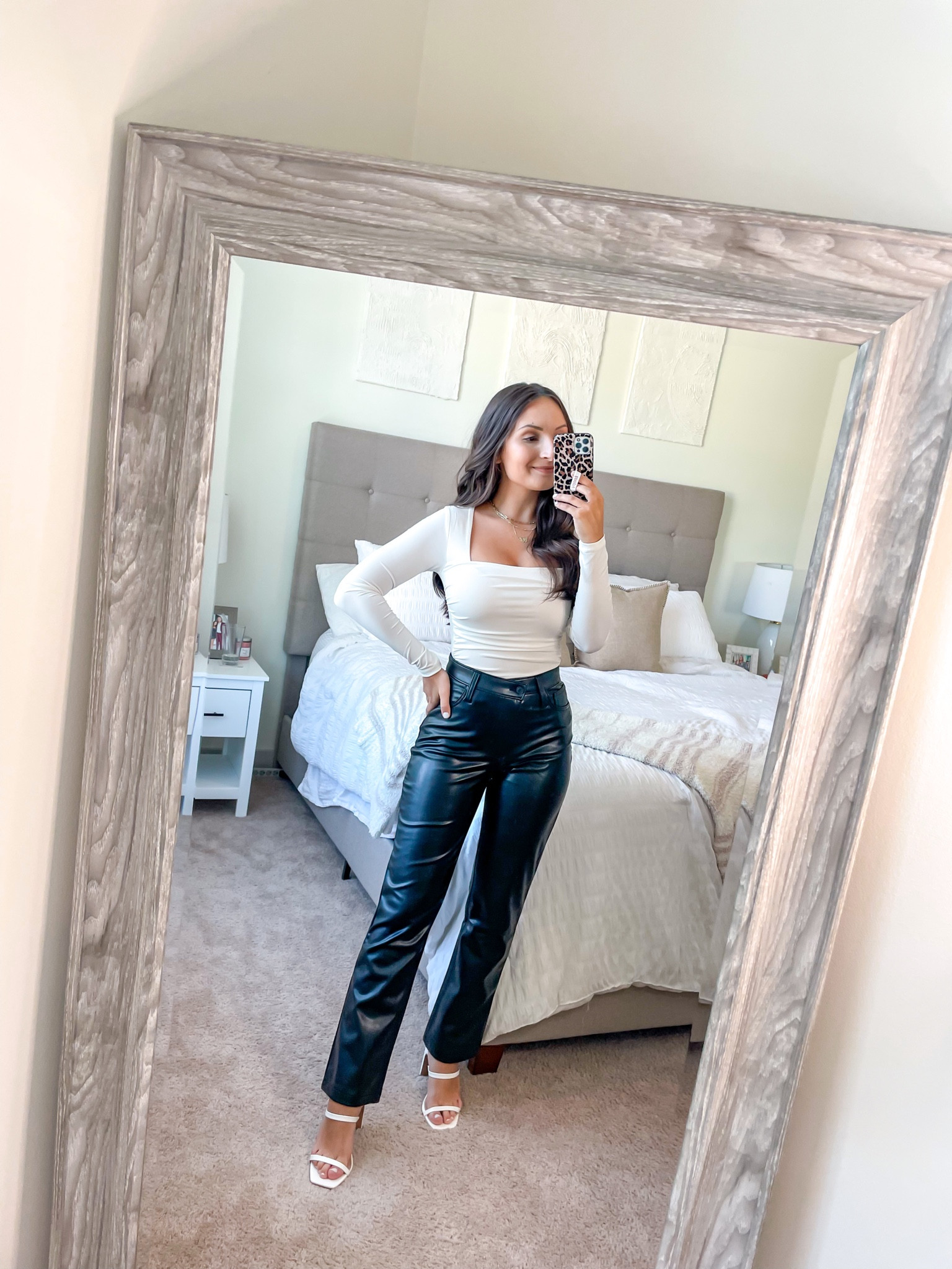 Bodysuit - true to size (XS)
Leather pants - size down (24 short)
Heel - true to size
—
Night out, date night, girls night out, leather pants, petite pants


#LTKunder100 #LTKunder50 #LTKsalealert