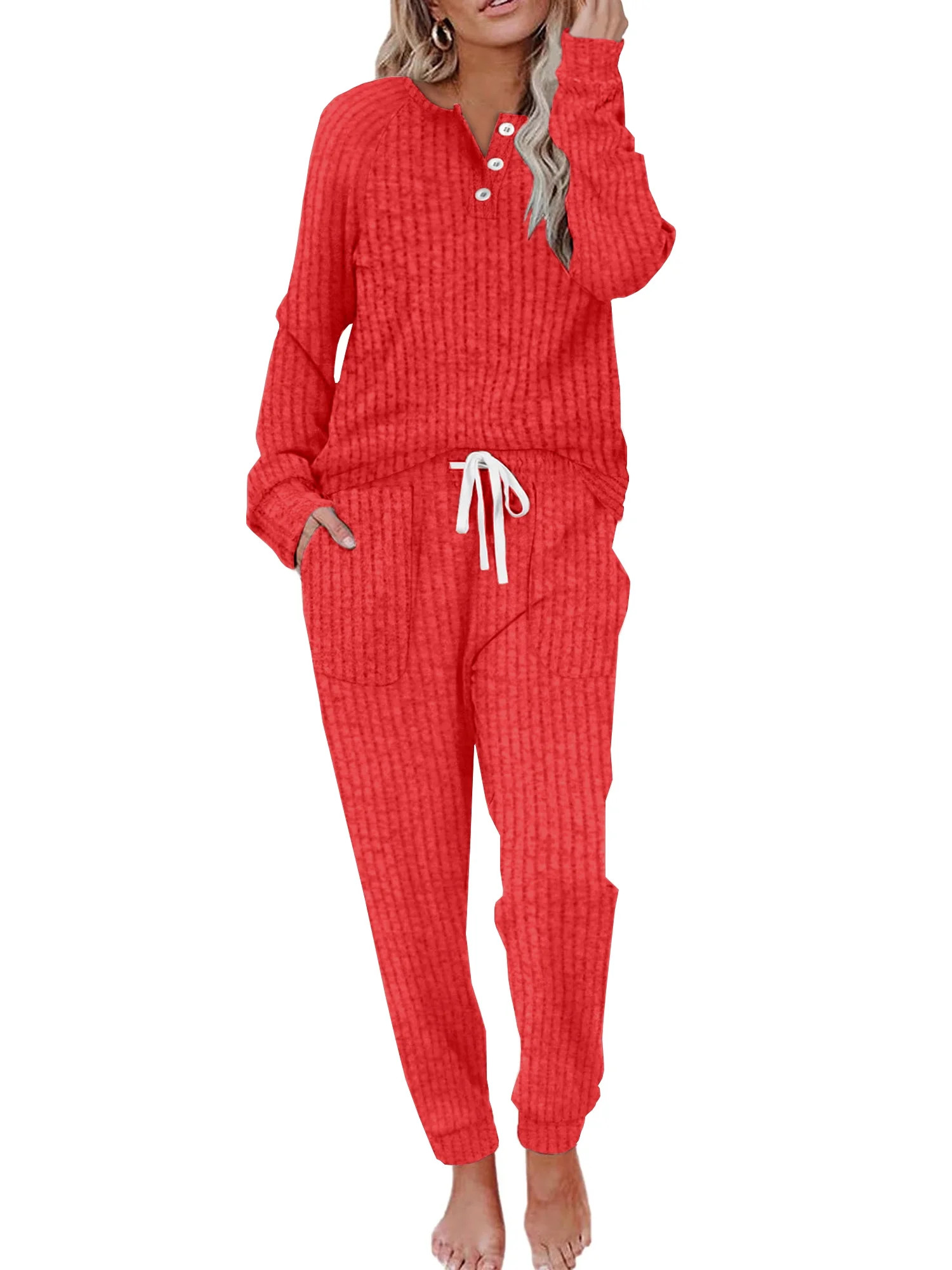 MOSHU Two Piece Womens Pajama Sets Button Down Shirts and Drawstring Pants with Pockets Solid Lou... | Walmart (US)