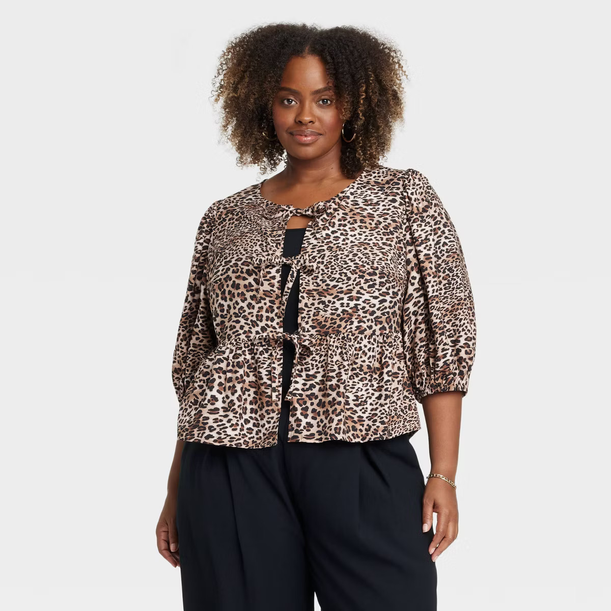 Women's Balloon 3/4 Sleeve Blouse - A New Day™ Brown Leopard Print XXL | Target