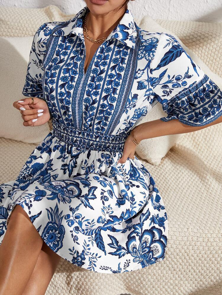 Flounce Sleeve Floral Shirt Dress | SHEIN