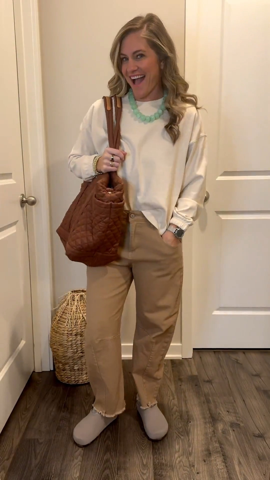 Got this super cute top from MARNē it’s sold out on her site but swing by the store or call to see if she has any. 

Also love how this necklace just elevates an all neutral fit. 

Pants: size 6
Top: XS/s over sized 
Tank: medium 
Shoes: got my true size 7 

#LTKOver40 #LTKootd #LTKPetite