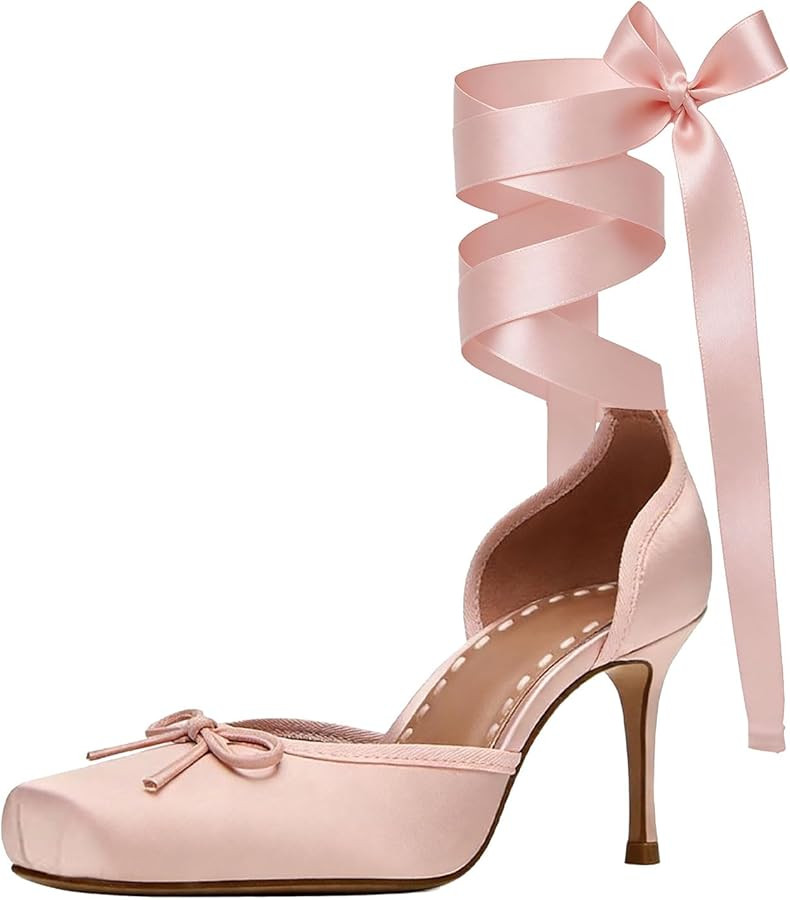UniqueStride Women Satin Ballet High Heels Lace Up Ankle Strappy Pumps Bow Square Toe Stiletto Ba... | Amazon (US)