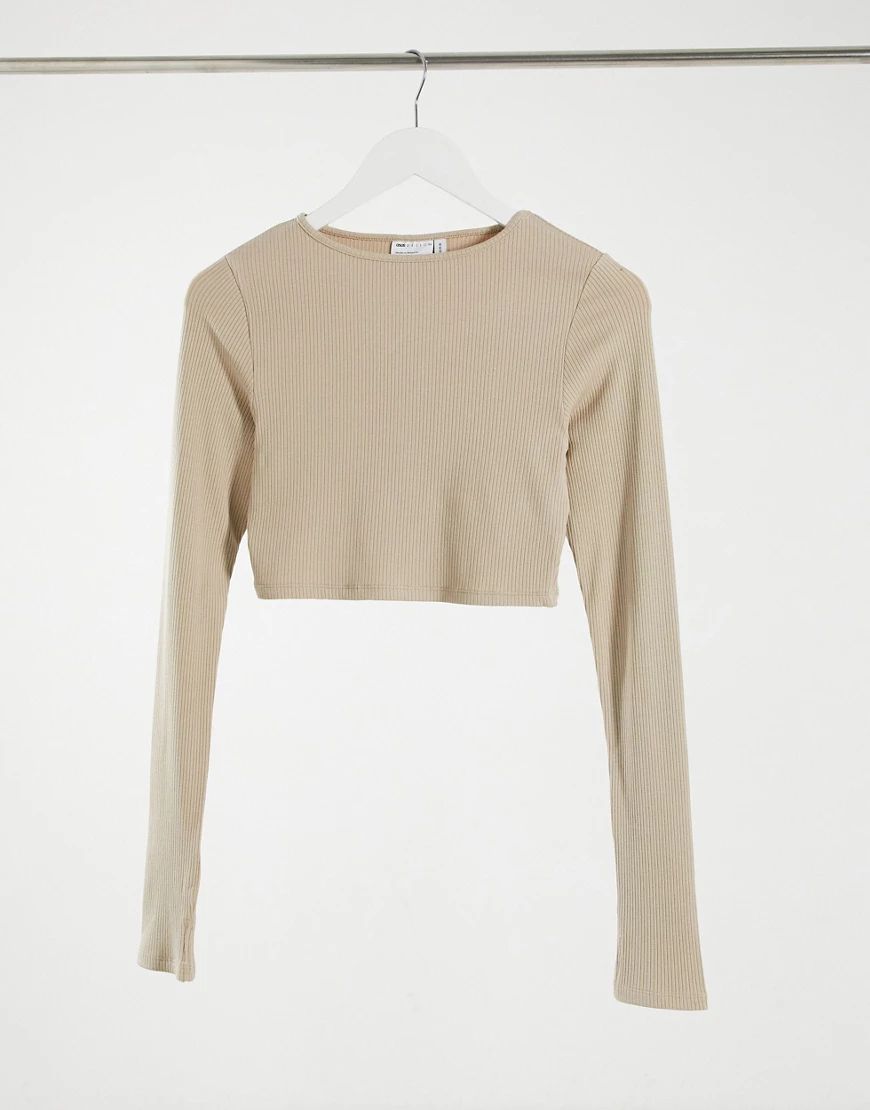 ASOS DESIGN ribbed super crop top with thumbhole in stone-Beige | ASOS (Global)