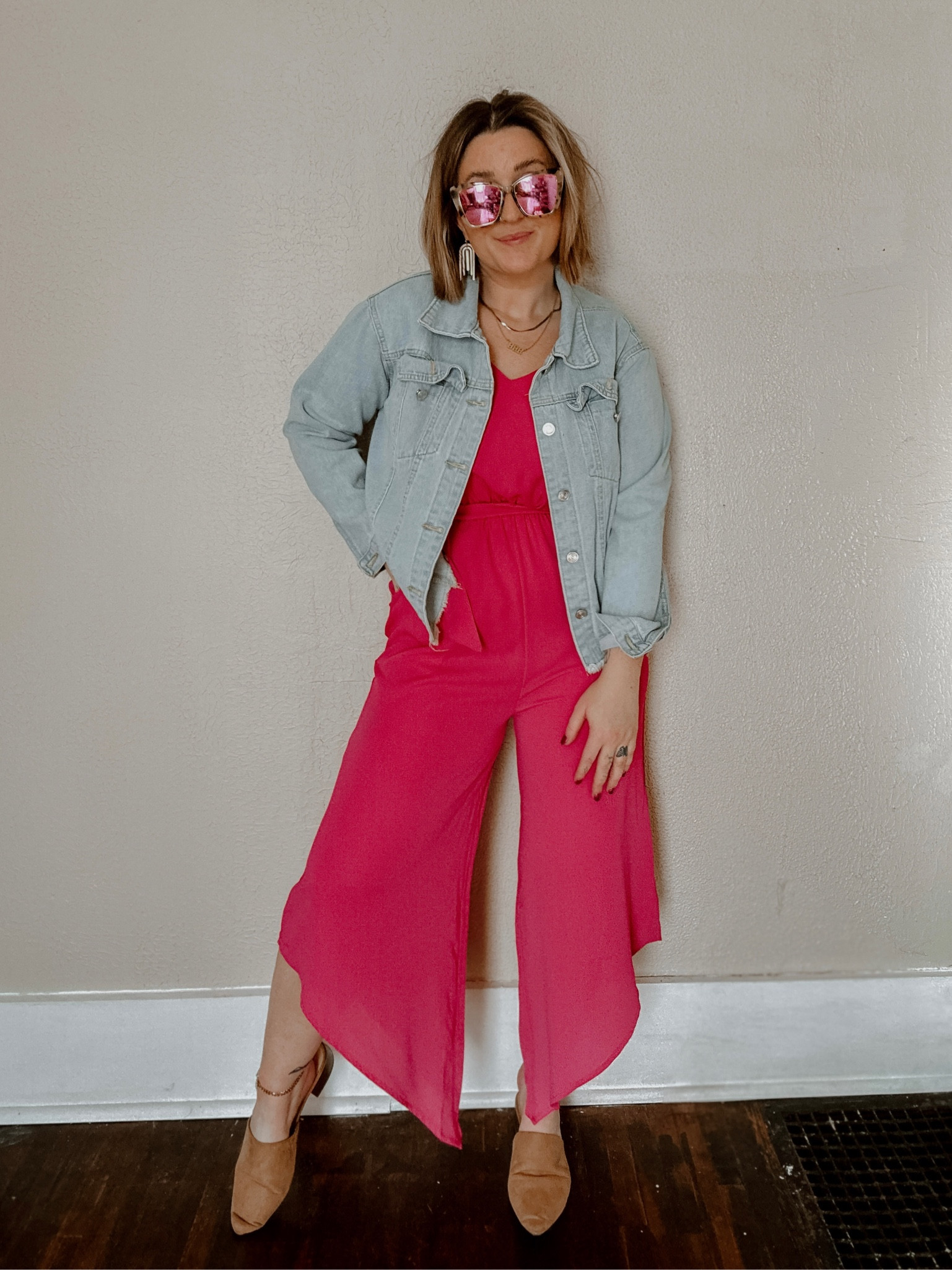 Cute valentines day outfit idea. Valentine’s Day outfit inspo. Hot pink jumpsuit. Vacation outfit idea. Denim blue distressed crop denim jacket. 

#LTKFind #LTKSale #LTKU