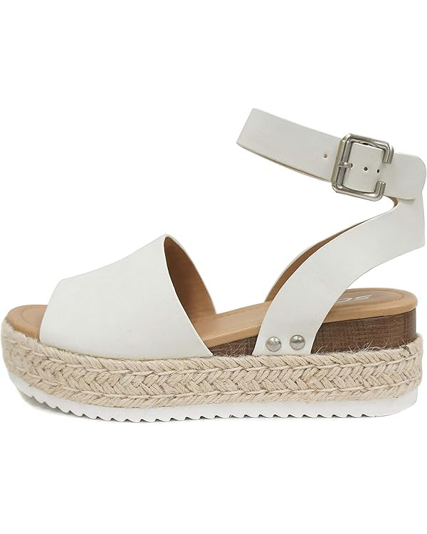 Soda Topic Open Toe Buckle Ankle Strap Espadrilles Flatform Wedge Casual Sandal | Amazon (US)