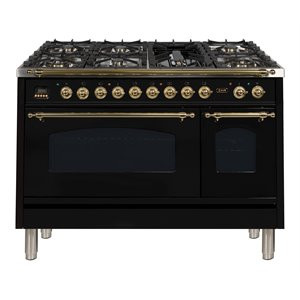 ILVE Nostalgie 48" NG Metal Double Oven Dual Fuel Range in Glossy Black/Brass | Cymax