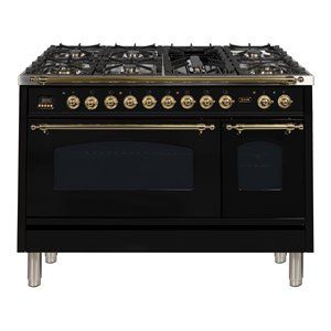 ILVE Nostalgie 48" NG Metal Double Oven Dual Fuel Range in Glossy Black/Brass | Cymax