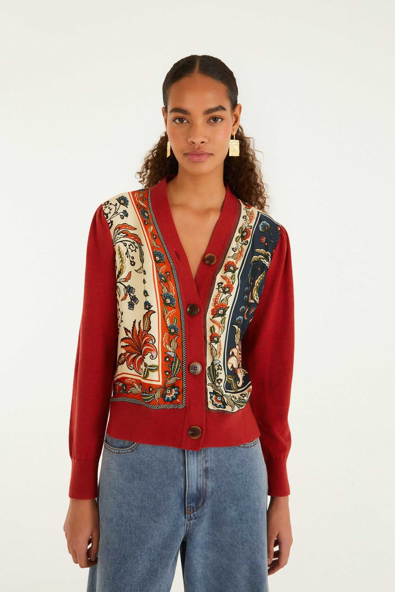Red Ainika Garden Scarf Buttoned Knit Cardigan | FARM Rio | FarmRio (US)