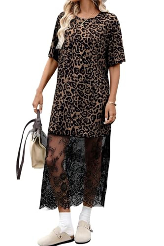 Maketina Mesh Floral Patchwork Dresses for Women Sexy Crewneck Short Sleeve T Shirt Loose Maxi Dr... | Amazon (US)