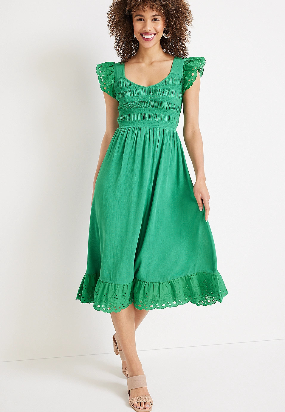 Eyelet Trim Flutter Sleeve Midi Dress | Maurices