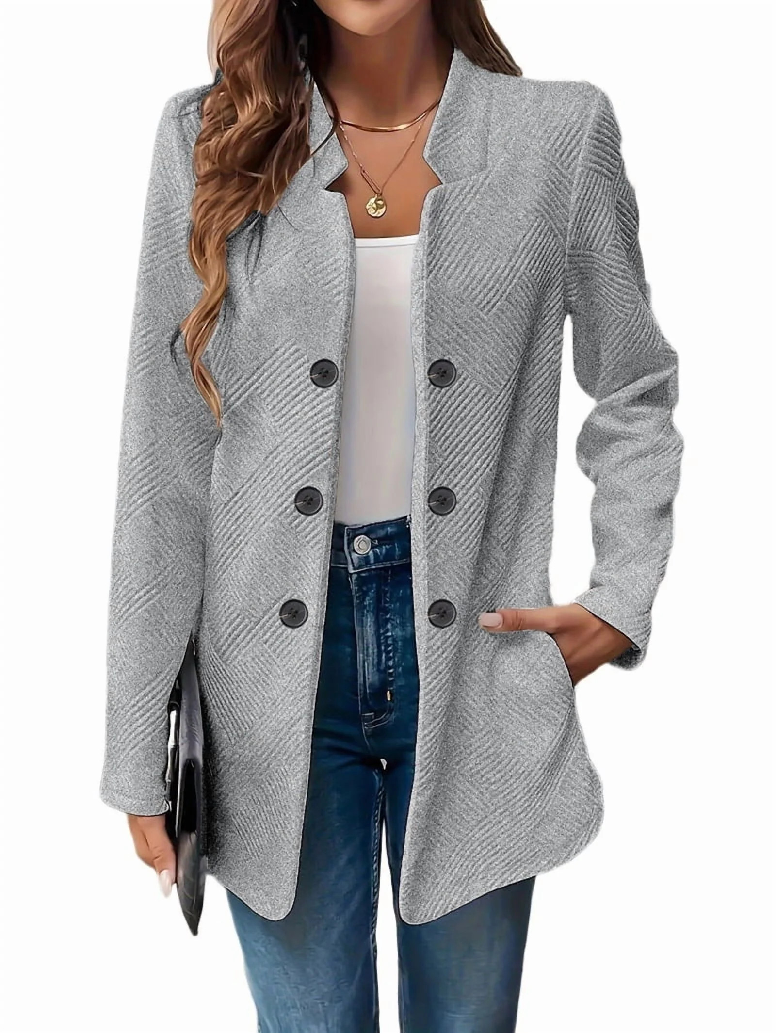 Women'S Stand Collar Blazer Jacket Casual Long Sleeve Double Breasted Elegant Business Office Bla... | Walmart (US)