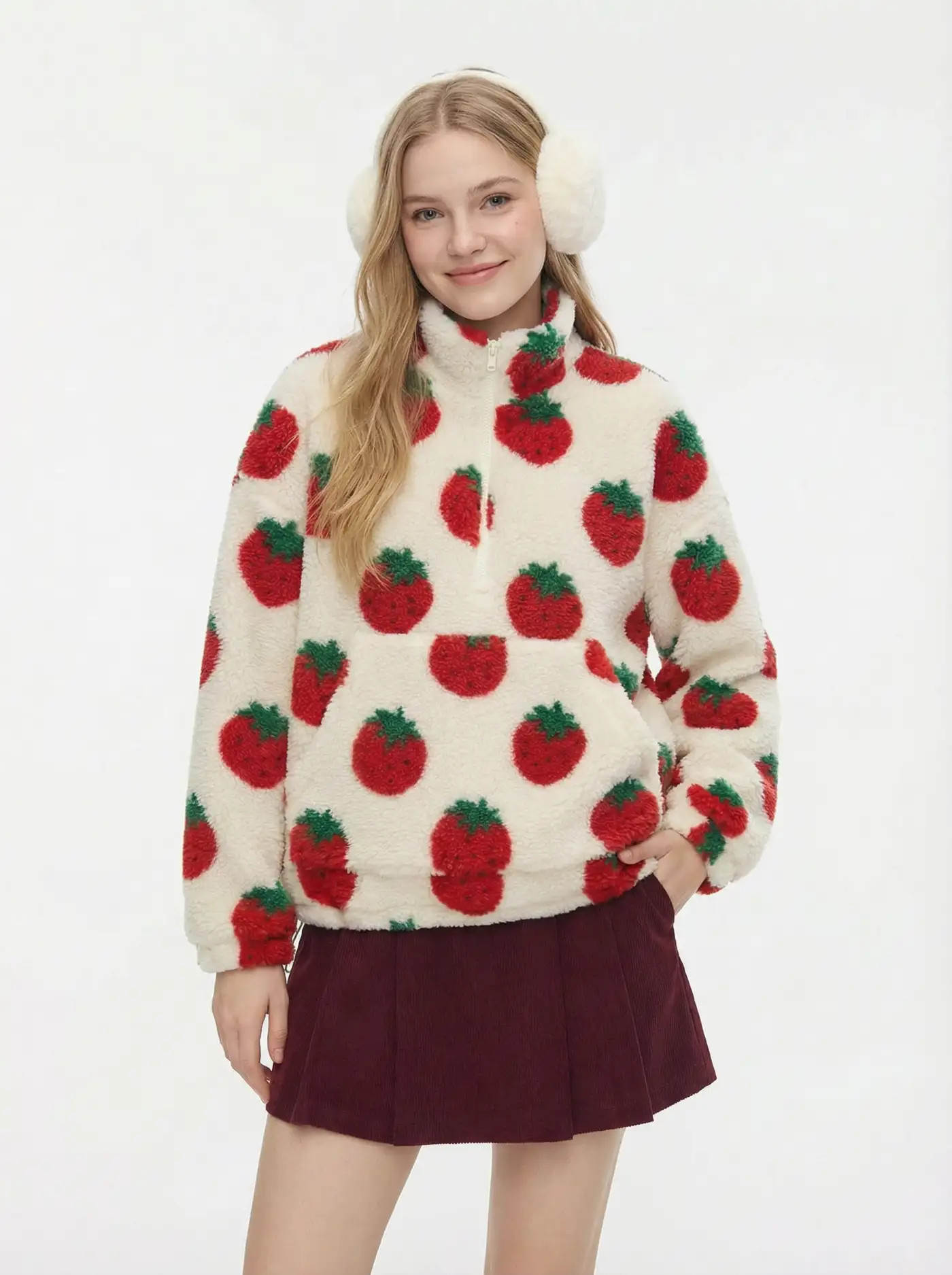 Fleece Strawberry Jacquard Stand Collar Half Zip Sweatshirt... | Cider