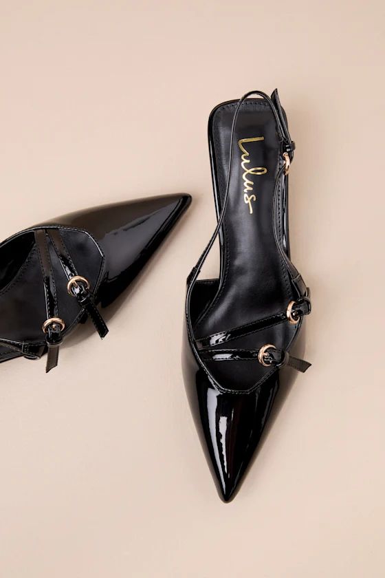 Edelie Black Patent Pointed-Toe Slingback Pumps | Lulus