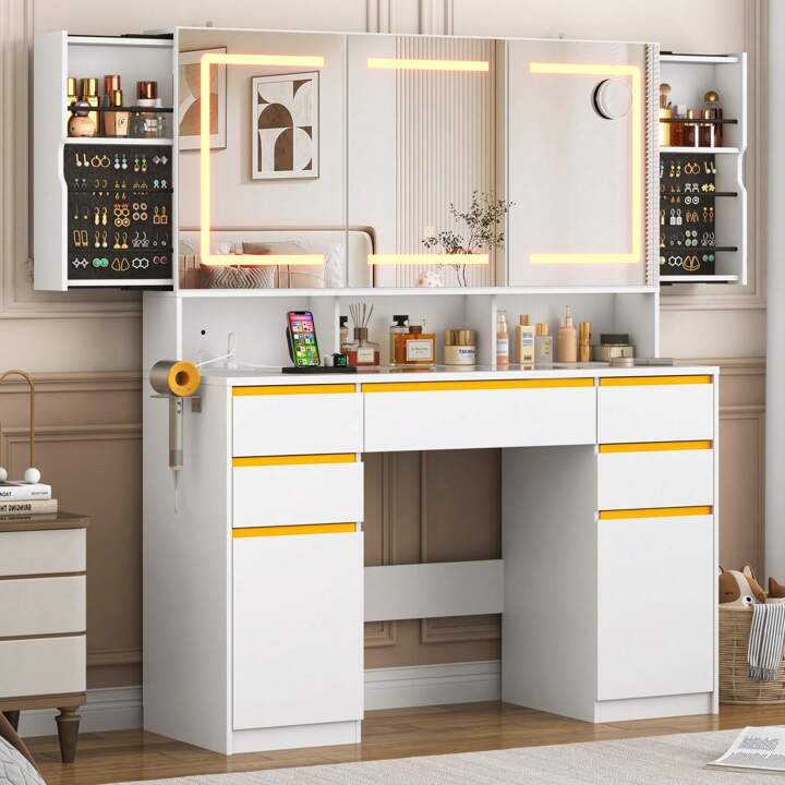 47 Inch Large Vanities W/Mirror&Outlet,Temper Glass Top,LED Lighted White Makeup Vanities W/Sliding Wall-Mounted Jewelries,White | SHEIN