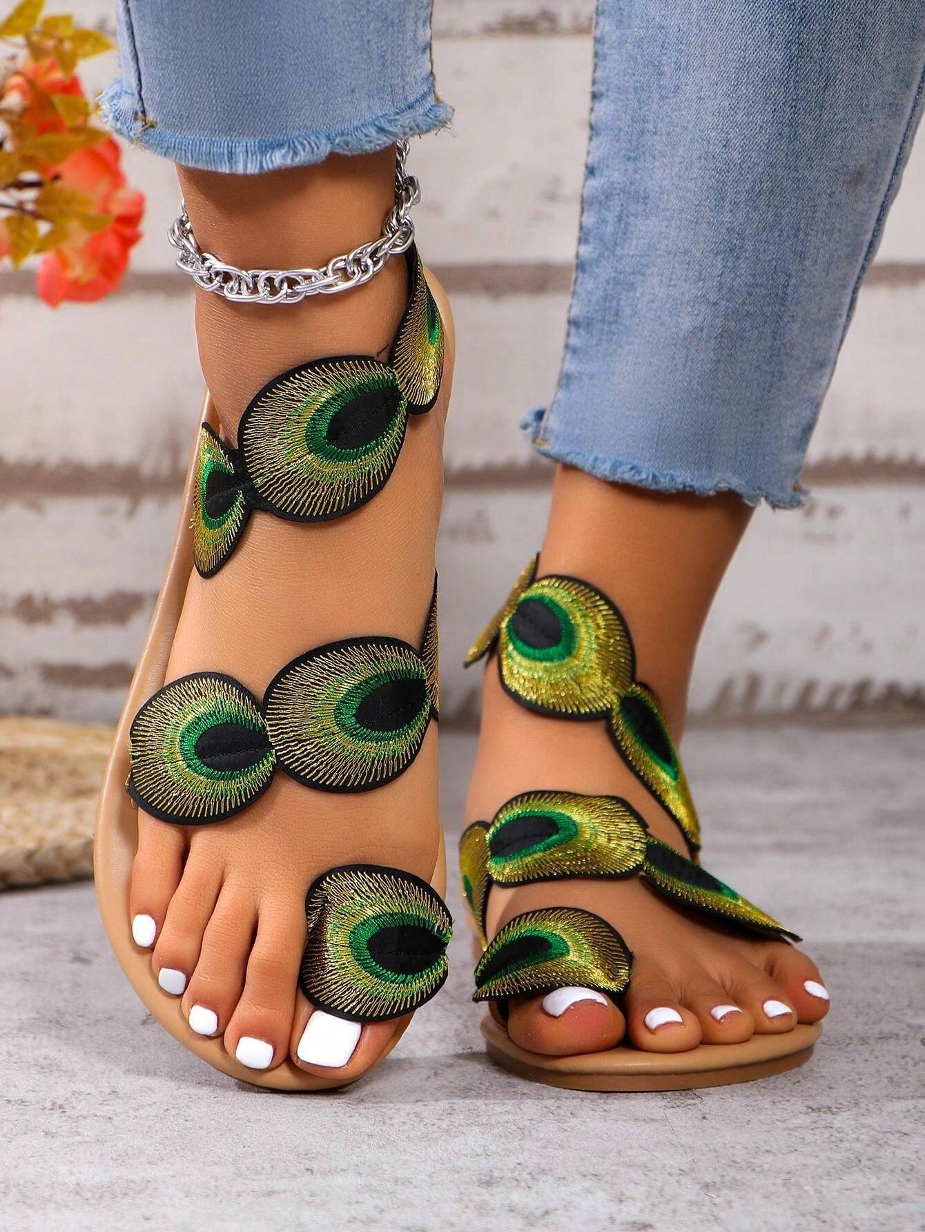2025 Fashionable New Model Comfortable Sexy Beach Sandals, Flat Peacock Flower Thong Slippers For... | SHEIN