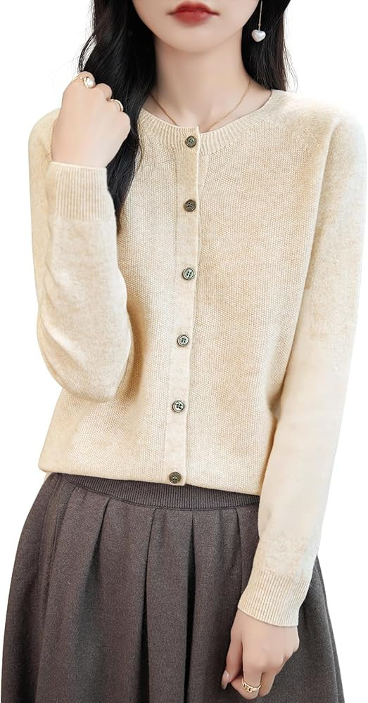 Women's Crewneck 100% Merino Wool Sweater 2025 Spring Fall Solid Long Sleeve Seamless Knitted Car... | Amazon (US)