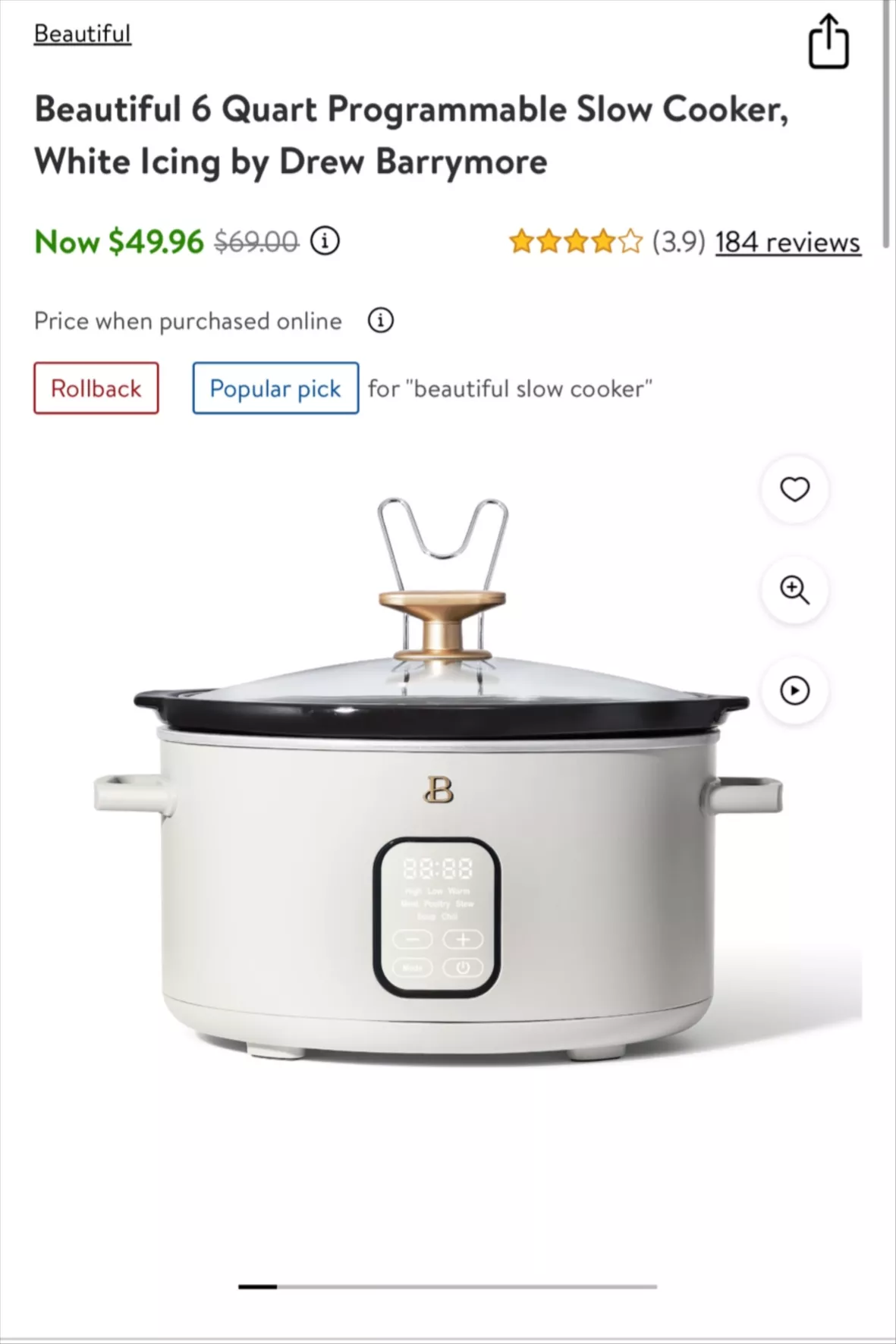 Beautiful 6 Quart Programmable Slow Cooker, Drew Barrymore (White Icing)