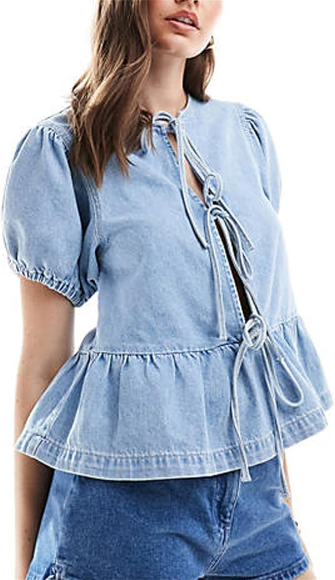 Women Y2K Cute Tie Front Denim Shirt Short Puff Sleeve Peplum Ruffle Blouse Summer Coquette Going... | Amazon (US)