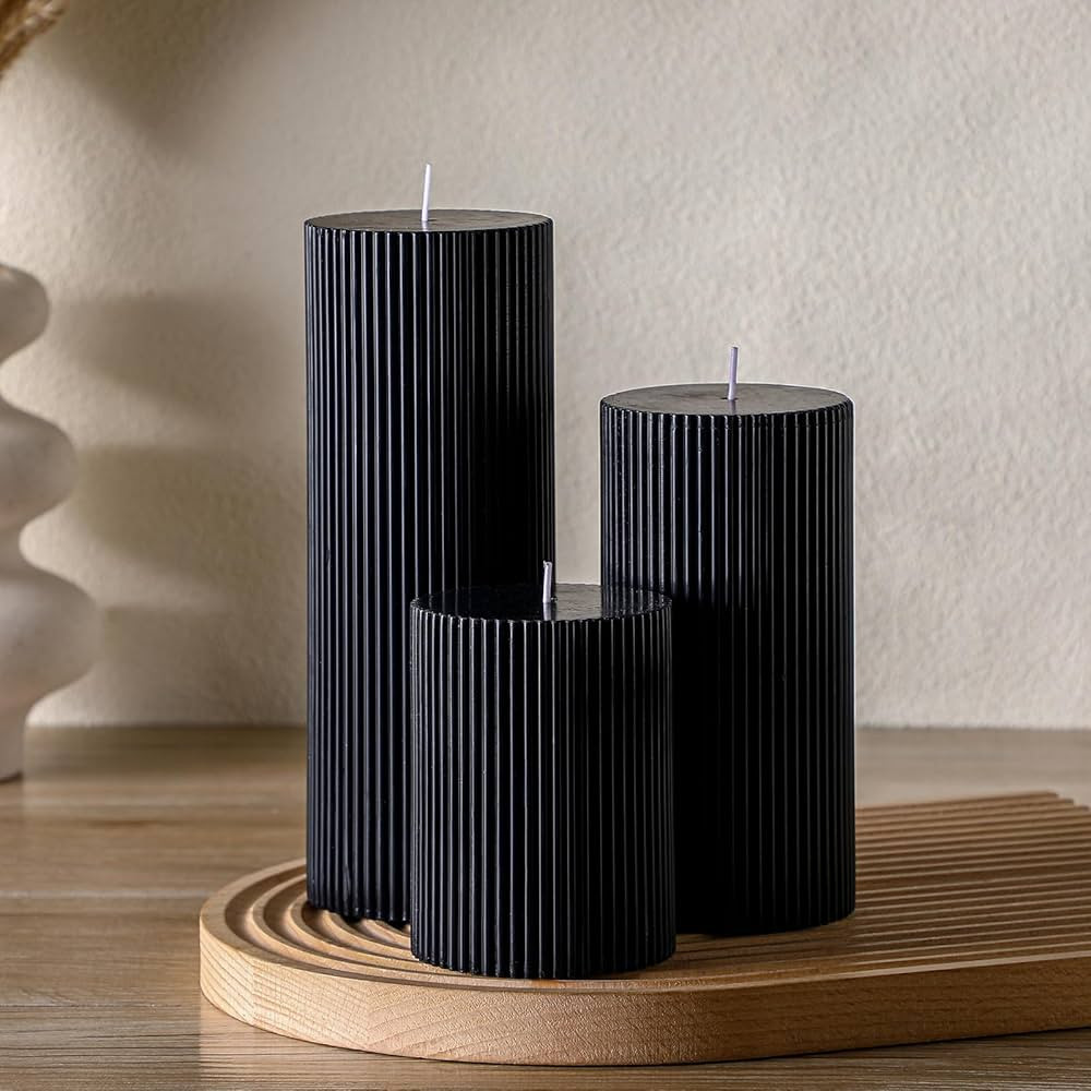 Ribbed Pillar Candles Set of 3, Width 3" High 4" 6" 8" Large Soy Wax Scented Pillar Candles Aesth... | Amazon (US)
