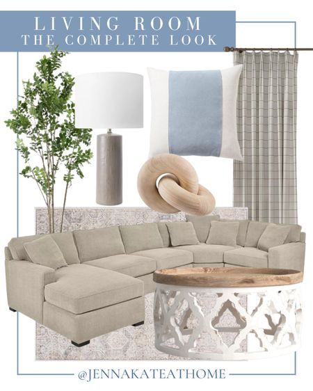 Create a neutral coastal themed living room with sectional sofa, coffee table, faux tree, area rug, lamp, curtains, throw pillows, decorative wooden links, home decor

#LTKhome