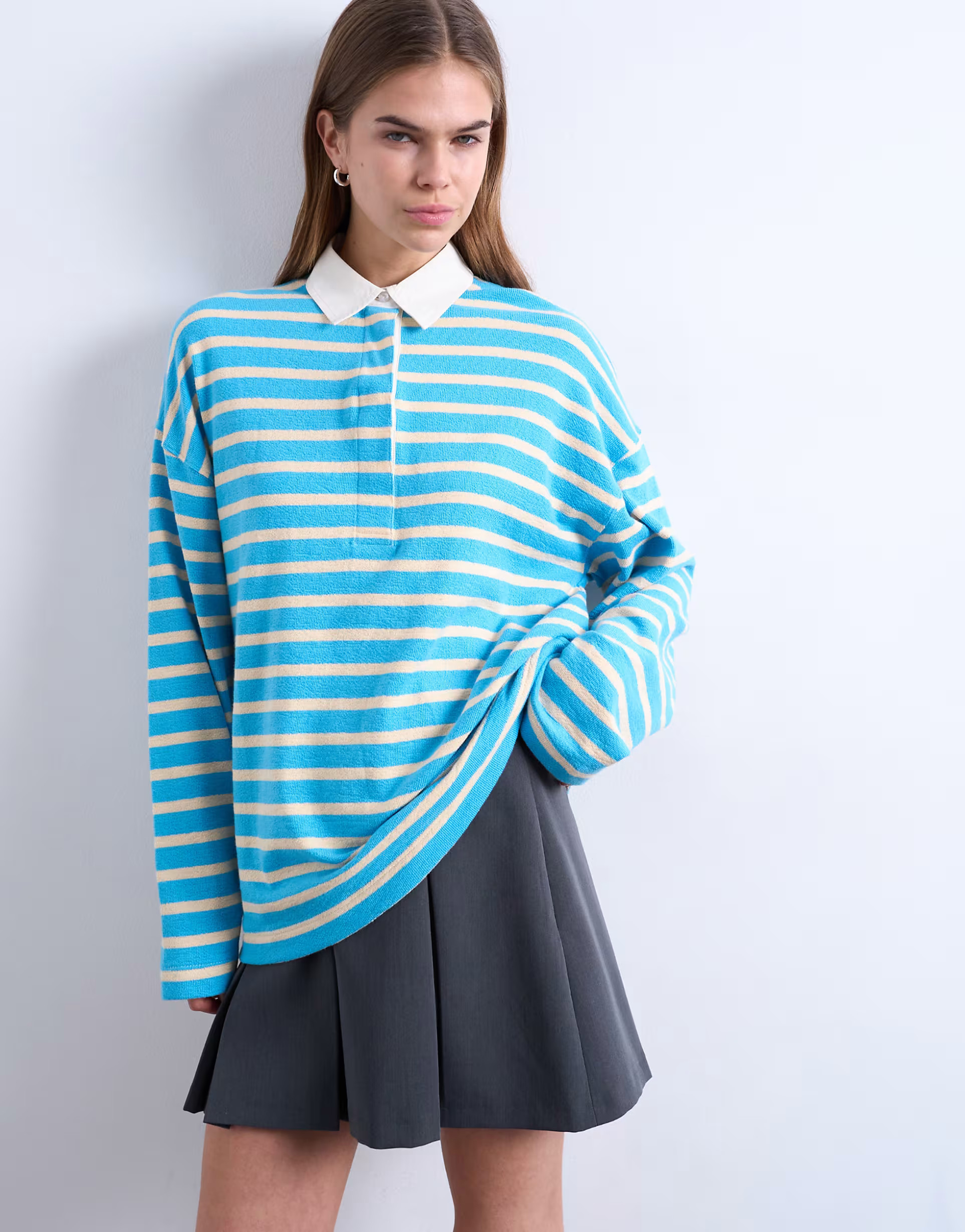 Topshop towelling stripe long sleeve polo in blue | ASOS (Global)
