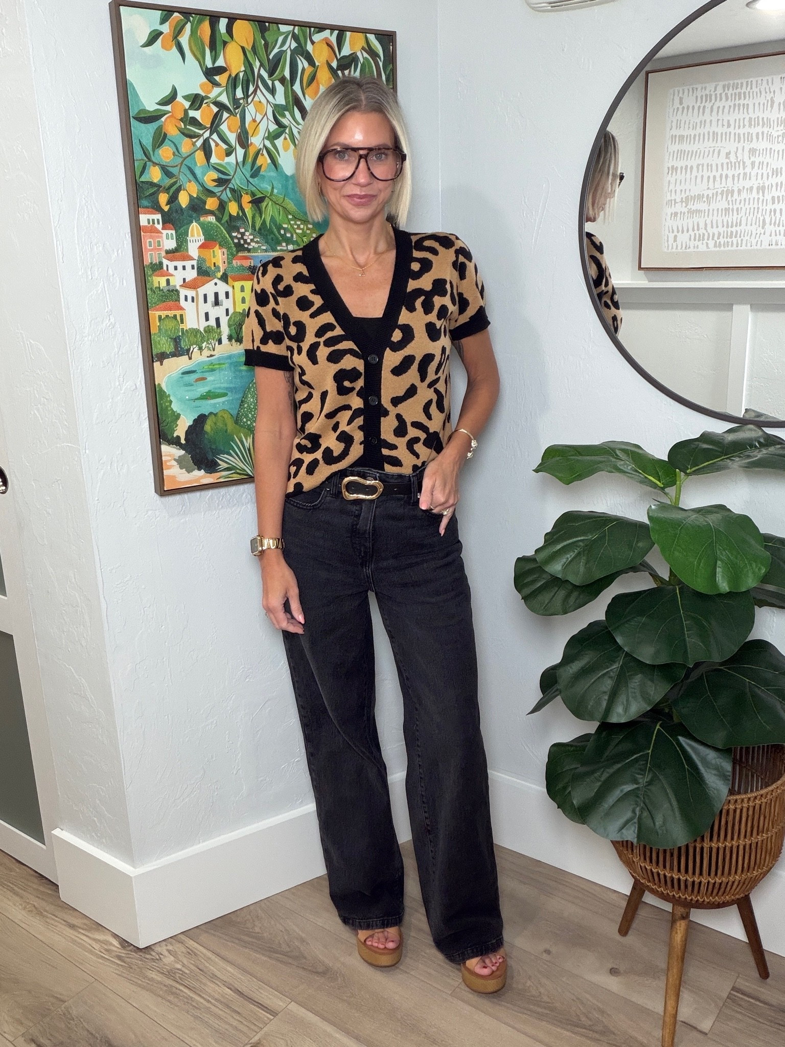It’s another hit from Oxknit!! 
This leopard cardigan comes with a cute tie waist belt. I’m wearing a small. 

Shop this link for 15% off
https://www.oxknit.com/LEEANN15

My jeans are older from Walmart, but I’ll link some similar options. 
My shoes are also older from Target. I’ll link some similar options.