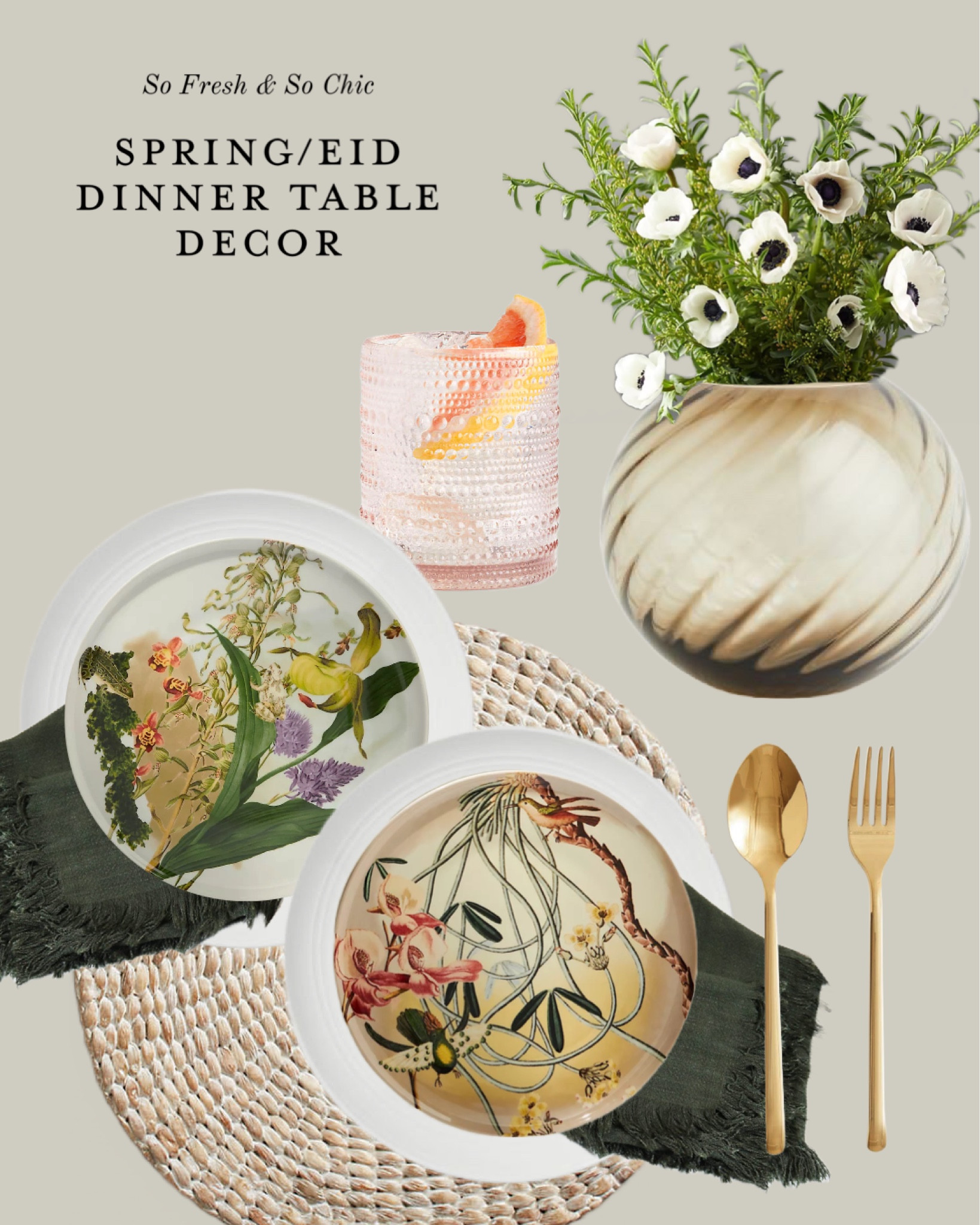 Beautiful eclectic Spring dinner table decor! Perfect for Eid lunch or dinner.
-
Floral dessert plates - gold cutlery - affordable gold flatware - Anthropologie sale - dinnerware sale - vintage pink glasses - drinking glasses - old fashioned glasses pink - bubble drinking glasses - white dinner plates - white washed hyacinth place mat - olive green fringed napkins - anemone arrangement - ribbed smoky glass vase - colorful spring table setting - target - crate and barrel - H&M home - Amazon home - affordable place setting 

#LTKsalealert #LTKhome #LTKSeasonal