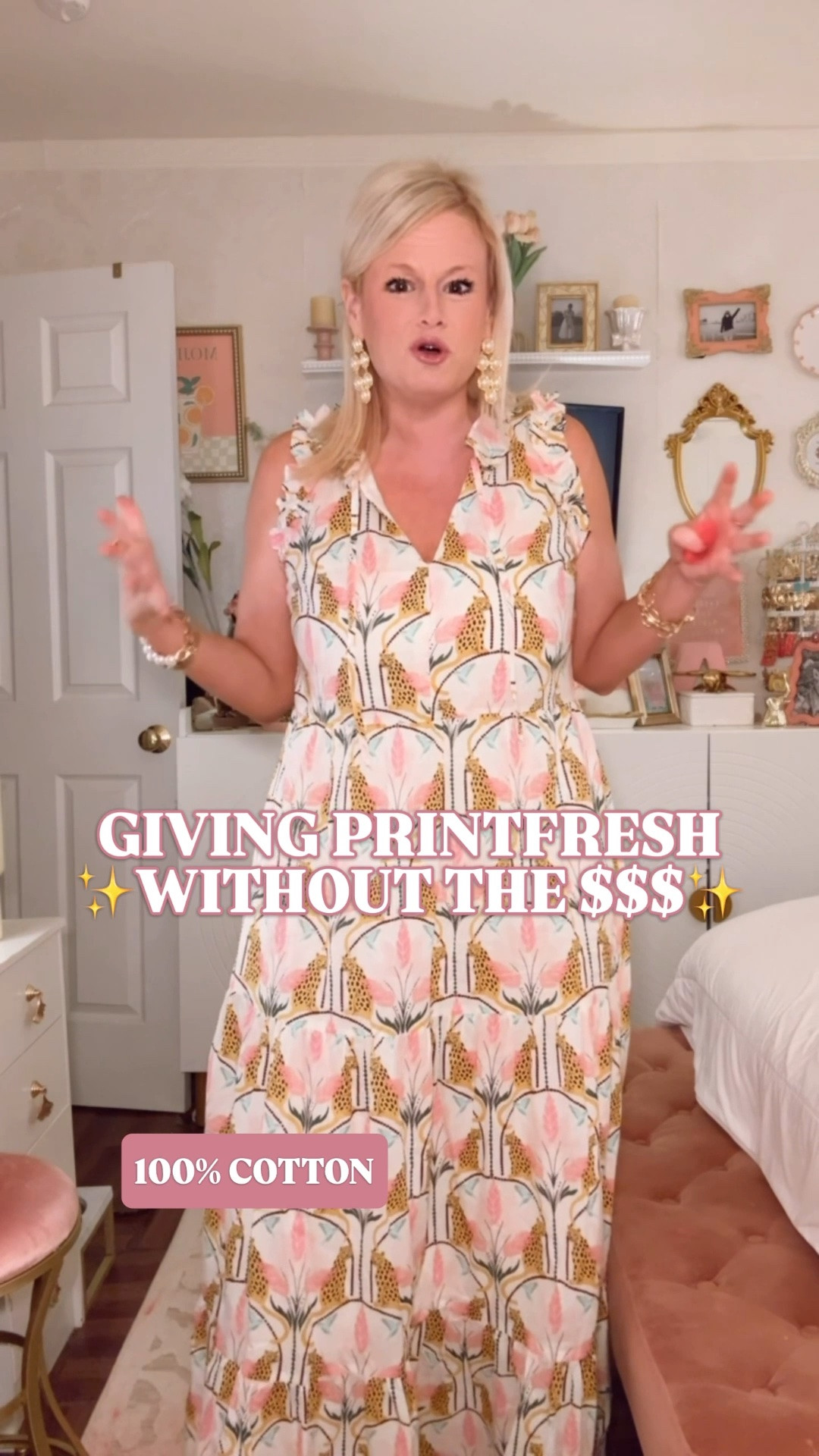 Printfresh look for less | jaguar print dress | cotton maxi dress | vacation dress | summer outfit

This one was giving alllll the  Printfresh vibes without the $$$ to me the second I saw it. 

The whimsical jaguar print, soft pink and green tropical details, ruffle neckline, split neck, sleeveless shape, tiered maxi skirt, and easy pullover fit give it that playful printed dress energy Printfresh does so well, but at a much easier price point.

I’m in a medium, and it runs true to size. It is lined, 100% cotton, and has that easy throw on shape that feels forgiving and comfortable. 

This is the kind of dress that earns the closet space because it solves multiple summer outfits at once: vacation dinner, resort breakfast, beach town shopping, girls trip, bridal shower, baby shower, summer brunch, church, patio dinner, family photos, lake weekend, and tropical getaway packing.

It looks fun, unique, and expensive in a way that makes people ask where it is from, but the fit keeps it wearable for real life. Easy. Feminine. Flattering. Polished.

Pair it with raffia sandals, gold earrings, flat sandals, a woven tote, wedges, pearl hoops, or a denim jacket.

Printfresh look for less, Printfresh inspired dress, jaguar print dress, tropical print dress, cotton maxi dress, 100 cotton dress, lined maxi dress, tiered maxi dress, ruffle neck dress, split neck dress, vacation dress, beach vacation outfit, resort dress, summer dress, summer dresses women, summer outfit, tropical vacation outfit, girls trip outfit, bridal shower dress, baby shower dress, brunch dress, church dress, feminine summer dress, designer look for less

#LTKFindsUnder50 #PreppyStyle #LookForLess #PrintFresh
#VacationDress #SummerDress #WeddingGuestDress #WeddingGuestOutfit

#LTKSeasonal #LTKSaleAlert #LTKWedding