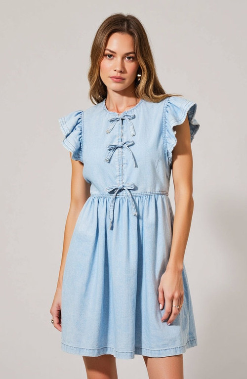 Modenaire Sleeveless Ruffle Denim Mini Dress with Bow-Tie Front in Blue at Nordstrom, Size Small | Nordstrom