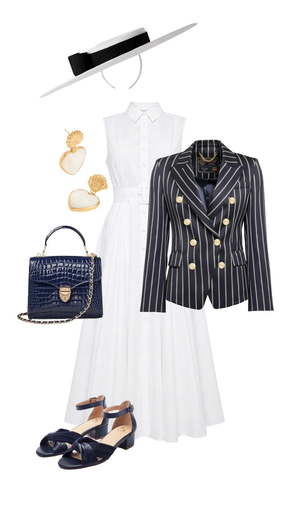 The most stylish Henley Royal Regatta look partners a timeless and white cotton sleeveless midi dress with a nautical inspired navy stripe blazer, a navy croc effect top handle bag, white & navy jaunty-angled boater (the headband means that it’s not so liable to blow off in the breeze) and navy sandals you’ll be glad of when you’re standing all day! 

White Belted Dress & Navy Stripe Blazer / Jacket - Holland Cooper

White / Navy Boater Fascinator Hat - John Lewis

Navy Croc Effect Leather ‘Midi Mayfair’ Bag - Aspinal of London

Venus Gold Shell Earrings - Soru Jewellery (catch the flash 20% off bank holiday sale with promo code FLASH20) 

Macadima Leather Block Heel Ankle Strap Sandals - also available in White & Gold - Moda in Pelle 20% off flash bank holiday sale with code BANK20

#LTKluxury #LTKuk #LTKsummer