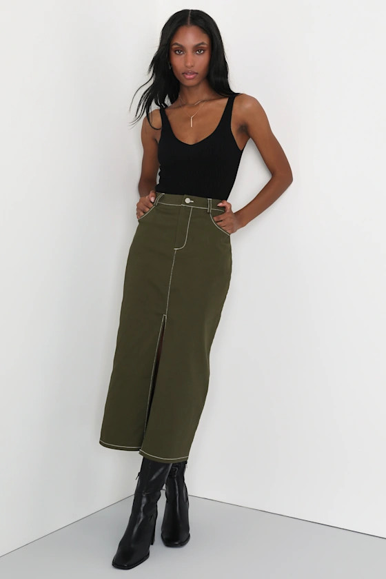 Trendsetting Theme Olive Green Twill Midi Skirt | Lulus (US)