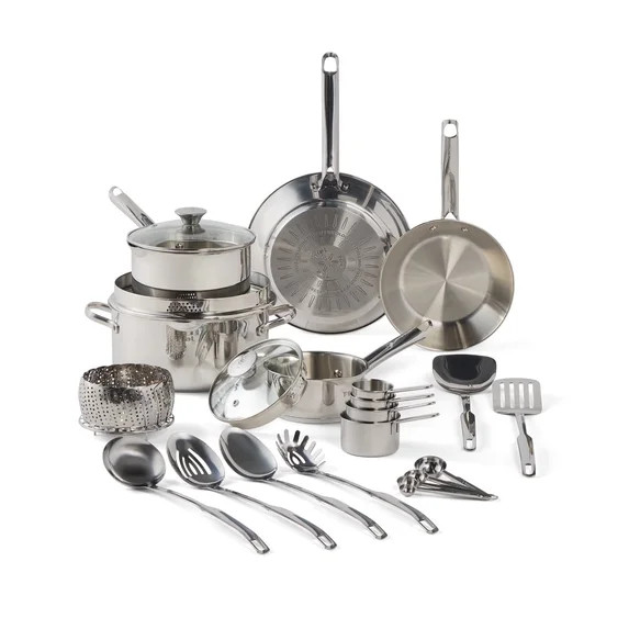 T-fal Cook & Strain, 20 Piece Stainless Steel Cookware Set, Silver | Walmart (US)