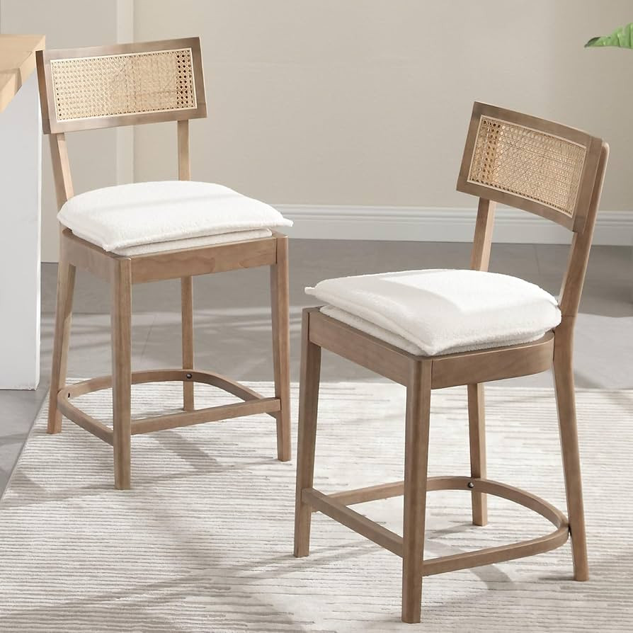 QUNINJAY 26" White Sherpa Counter Height Bar Stools Set of 2, Modern Rattan Counter Stools with R... | Amazon (US)