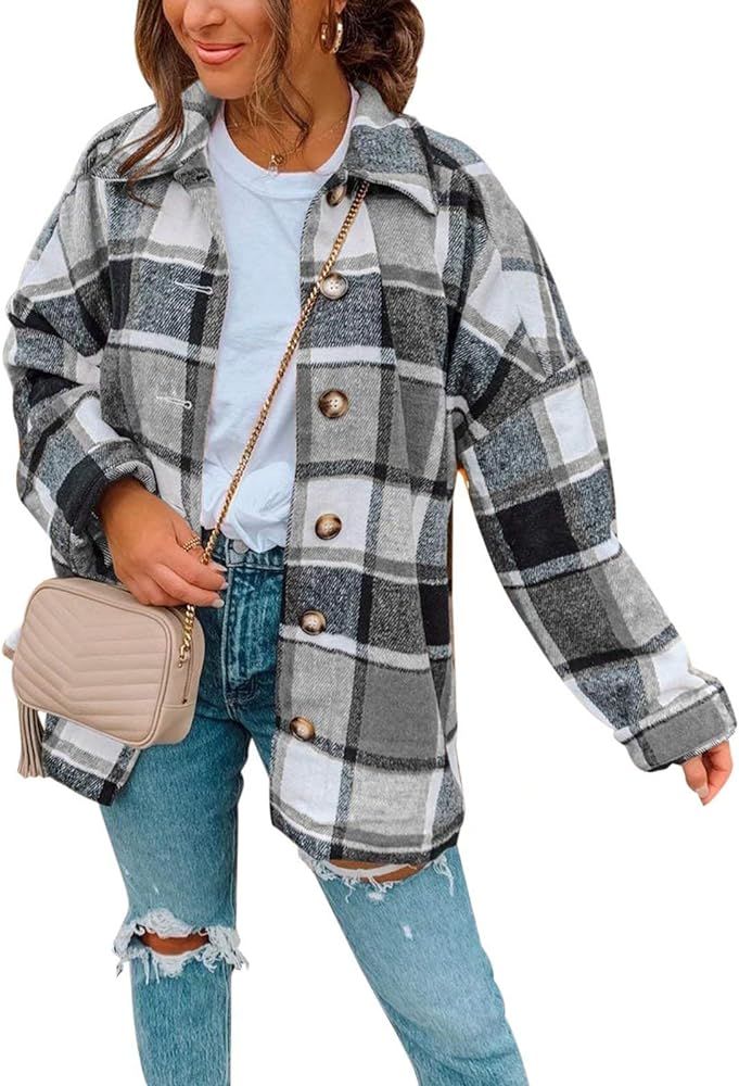 Women Plaid Flannel Lapel Jacket Shirt Shacket Loose Button Down Cardigan | Amazon (US)