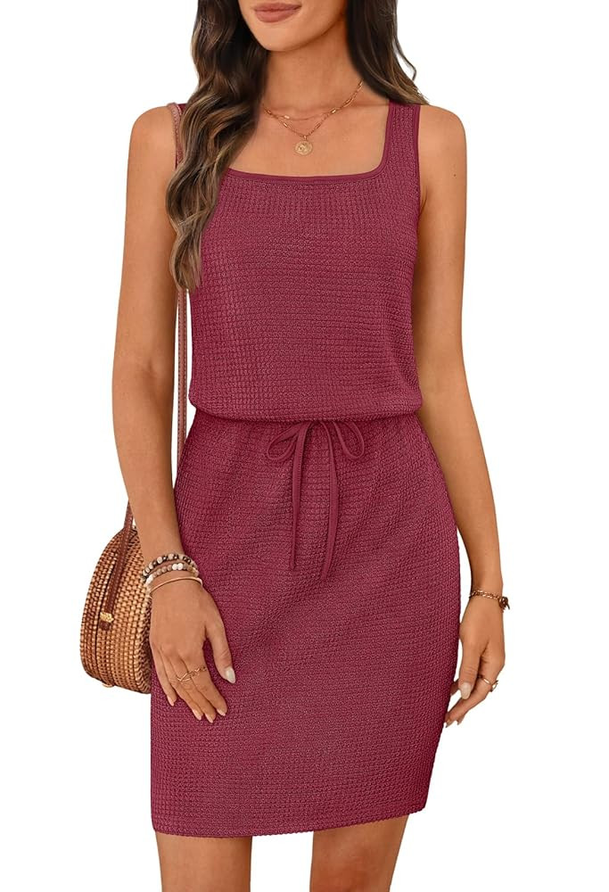 MEROKEETY Women's Summer Mini Sundress Casual Waffle Knit Square Neck Drawstring Beach Tank Dress... | Amazon (US)