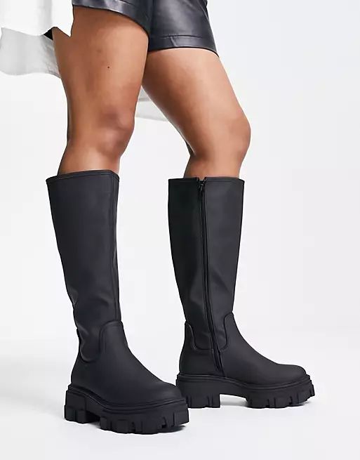 ASOS DESIGN Wide Fit Carla chunky flat boots in black | ASOS | ASOS (Global)